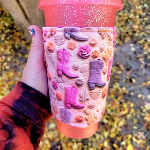 Cowgirl Boots Coffee Cozy Iced OR Hot, Insulated Sleeve, Reversible, Iced Coffee Lover Gift