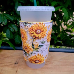 NEW! Sunflower, Embroidery Style Iced Coffee Cozy, Insulated Cup Sleeve, Reversible, Coffee Lover Gift.