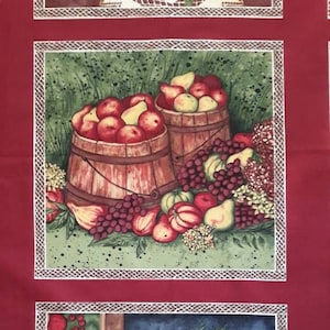Country Harvest fabric panel by Anna Krajewski, Apples, Sunflowers, Fruit Basket, Berries, Grapes, Pears, quilt panel squares, wall hanging