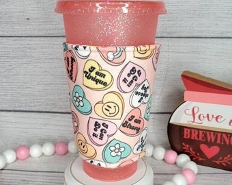 Conversation Hearts, Positive Affirmations Coffee Iced Coffee Cozy, Insulated Cup Sleeve, Reversible, Coffee Lover Gift