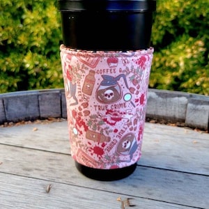 Coffee and True Crime Coffee Cozy Iced OR Hot, Insulated Sleeve, Reversible, Iced Coffee Lover Gift