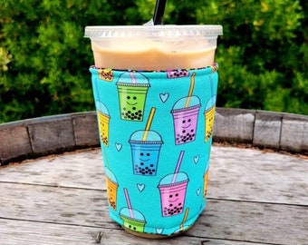 Boba Tea Iced Coffee Cozy, Bubble Tea, Insulated Sleeve, Reversible, Coffee Lover Gift