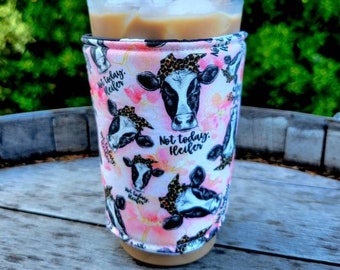 Not Today Heifer, Cow Lover Iced Coffee Cozy, Insulated Sleeve, Reversible, Coffee Lover Gift