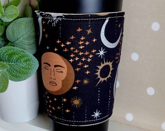 Moon and Stars, Third Eye Iced Coffee Cozy, Insulated Sleeve, Reversible, Coffee Lover Gift.