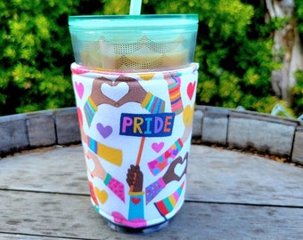 Pride Love Iced Coffee Cozy, Insulated Sleeve, Reversible, Coffee Lover Gift.