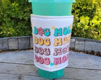 Dog Mom, Dog Lover Iced Coffee Cozy, Insulated Cup Sleeve, Reversible, Coffee Lover Gift