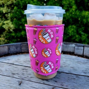 Mom Fuel DD Iced Coffee Cozy, America Runs On, Insulated Sleeve, Reversible, Coffee Lover Gift, Dunkin Lover