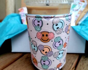 Smiley Face Ear Muffs Iced Coffee Cozy, Insulated Iced Drink Sleeve