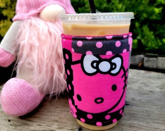 Pink and Black Kitty, Valentine Iced Coffee Cozy, Insulated Cup Sleeve, Reversible, Coffee Lover Gift