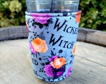 Wicked Witch and Roses Iced Coffee Cozy, Insulated Sleeve, Reversible, Iced Coffee Lover Gift