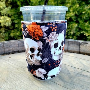 Halloween Skulls and Fall Flowers Coffee Cozy Iced OR Hot, Insulated Sleeve, Reversible, Coffee Lover Gift