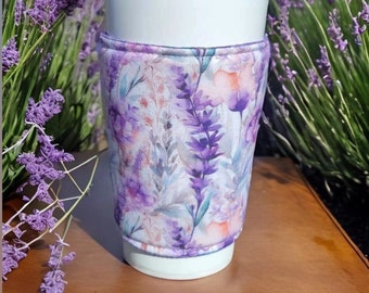 Lavender Coffee Cozy, Iced or Hot, Insulated Sleeve, Reversible, Gift for Lavender Lover