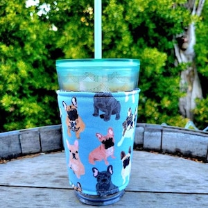 French Bulldog Coffee Cozy Iced OR Hot, Blue Insulated Sleeve, Reversible, Coffee Lover Gift. Frenchie Lover.