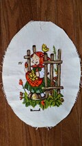 Vintage Hummel Little Girl with Apron full of Apples, Crewel Embroidery, Ready to Frame.