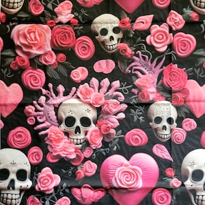 Hot Pink and Black Hearts, Skulls and Roses Custom Cotton Fabric LARGE Print, 1 Yard Length