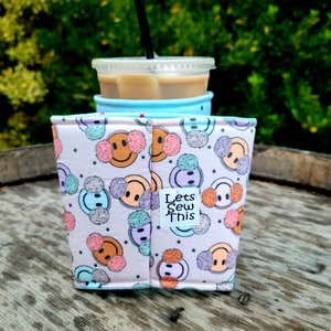 Smiley Face Ear Muffs Iced Coffee Cozy, Insulated Iced Drink Sleeve image 5