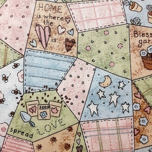 Vintage Cheater Crazy Quilt Cotton Fabric 1/2 YARD, Pastel Colors, Garden, Birdhouse, Sunflowers, Home is Where The Heart Is, Quilt Fabric.