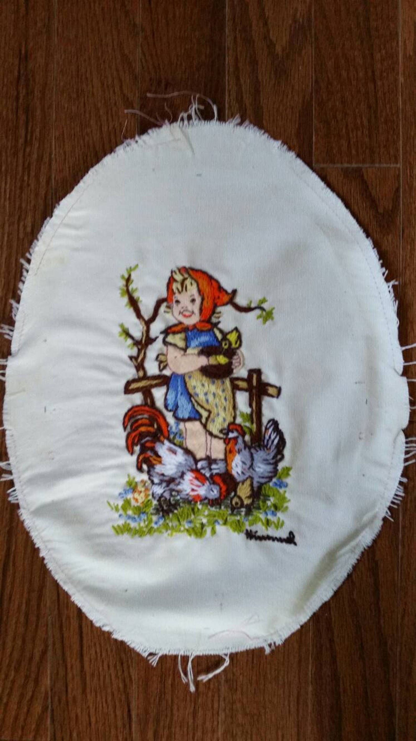 Vintage Hummel Little Country Girl Feeding Chickens Crewel Etsy