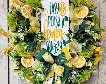 Easy Peasy, Lemon Wreath, Spring Wreath, Spring Door Wreath, Spring Decor, Front Door Wreath, Yellow and Green Wreath, Spring Mesh Wreath