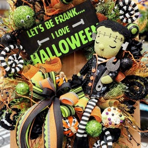 Let&#39;s Be Frank, Frankenstein Wreath, Halloween Wreath, Neon Wreath, Halloween Decor, Front Door Wreath