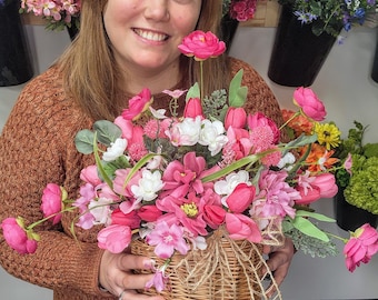 Basket of Pink Pretties, Spring Basket, Summer Basket Arrangement, Ranunculus Arrangement, Pink Floral Arrangement, Floral Basket Doorhanger