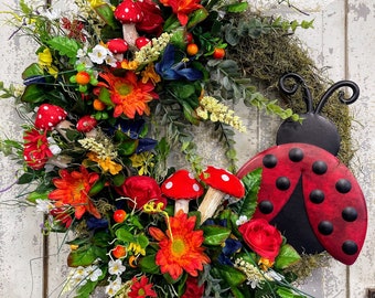 Ladybug's Garden, Ladybug Wreath, Summer Wreath, Grapevine Wreath, Ladybug Decor, Mushroom Wreath, Front Door Wreath