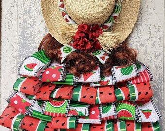 Watermelon Girl, Watermelon Decor, Watermelon Doorhanger, Straw Hat, Watermelon Ribbon, Summer Decor, Summer Doorhanger