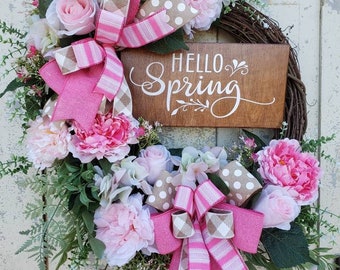 Hello Spring, Spring Wreath, Spring Grapevine Wreath, Pink Spring Wreath, Pink Floral Wreath, Spring Door Decor