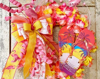 Flamingo Summer, Flamingo Wreath, Flip Flop Wreath, Summer Wreath, Front Door Wreath, Yellow and Pink Wreath, Tropical Wreath