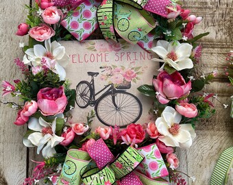 Pretty In Pink, Pink Spring Wreath, Spring Grapevine Wreath, Bicycle Wreath, Pink and Green Wreath, Spring Door Decor