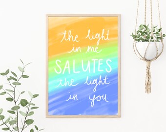 The Light in Me Salutes the Light in You, Spirtual Quote Art, Printable Digital Art, Watercolor Style, GIft for Yoga Teacher, Namaste