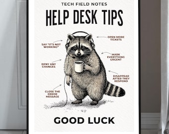 Help Desk Raccoon Poster, Vintage Field Guide Style, Tech Support Humor (Print Only)