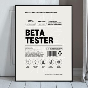 Beta Tester Parody Label Matte Vertical Poster | QA Humor, Bug Magnet Wall Art
