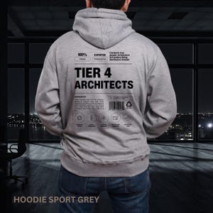 May include: A gray hoodie with the text "TIER 4 ARCHITECTS" printed on the back. The hoodie also features additional text and graphics, including "100% ORIGINS" and "EXPERTISE PROBLEM NEXUS". The bottom of the hoodie reads "HOODIE SPORT GREY".