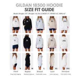 以下が含まれることがあります： Gildan 18500パーカーのサイズガイド表。Sから2XLまでの様々な色とサイズを表示。モデルの測定値は身長173cm、体重66kg、胸囲94cm、ウエスト81cm、ヒップ107cmで、正面、背面、側面のビューが含まれています。