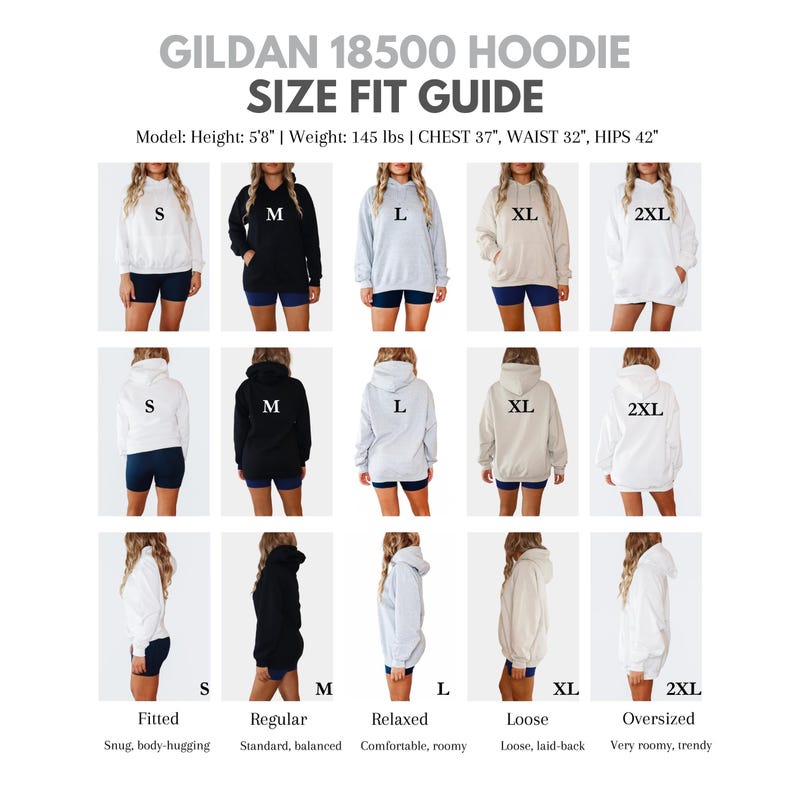 以下が含まれることがあります： Gildan 18500パーカーのサイズガイド表。Sから2XLまでの様々な色とサイズを表示。モデルの測定値は身長173cm、体重66kg、胸囲94cm、ウエスト81cm、ヒップ107cmで、正面、背面、側面のビューが含まれています。
