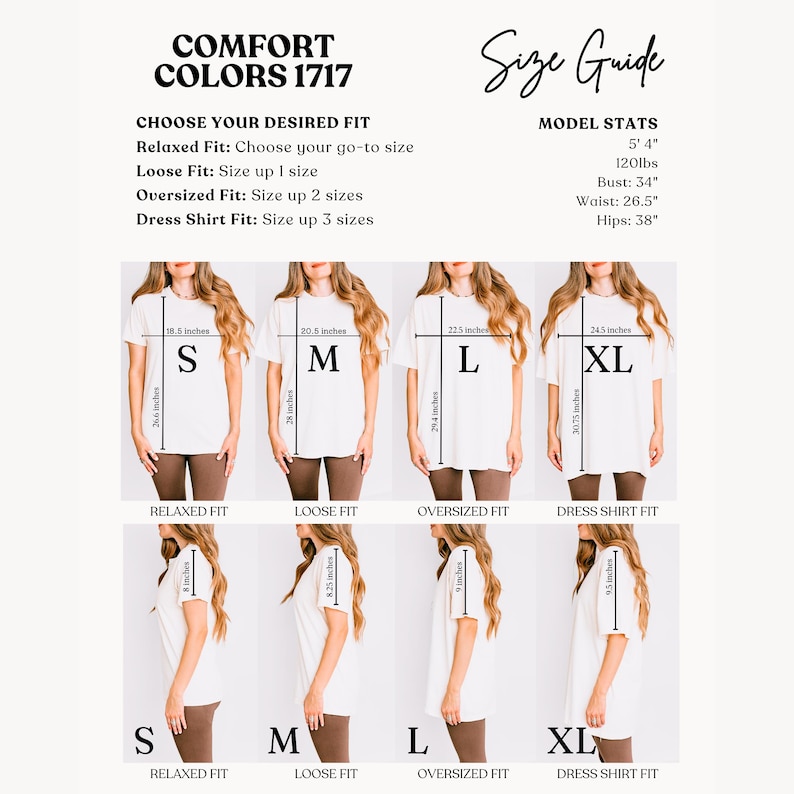 Może przedstawiać: Tabela rozmiar&oacute;w Comfort Colors 1717 z białymi koszulkami w rozmiarach S, M, L i XL. Grafika przedstawia widoki z przodu i z boku z wymiarami w calach dla kroj&oacute;w relaxed, loose, oversized i dress shirt oraz statystyki modela.