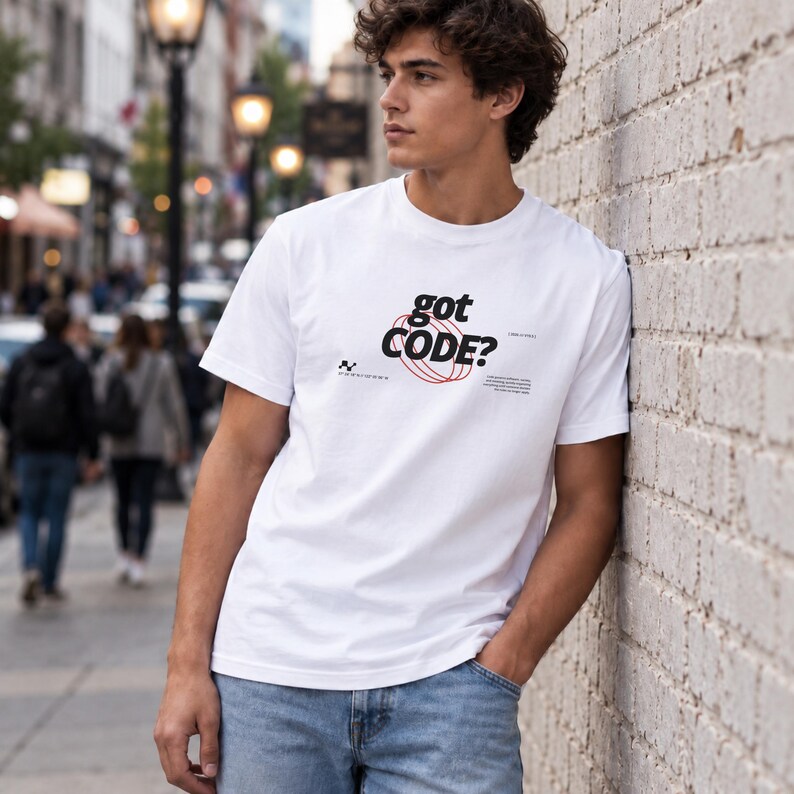 Model wearing a white Comfort Colors 1717 T-shirt with a retro-tech GOT CODE? graphic featuring bold black typography, red orbital linework, and small technical details.