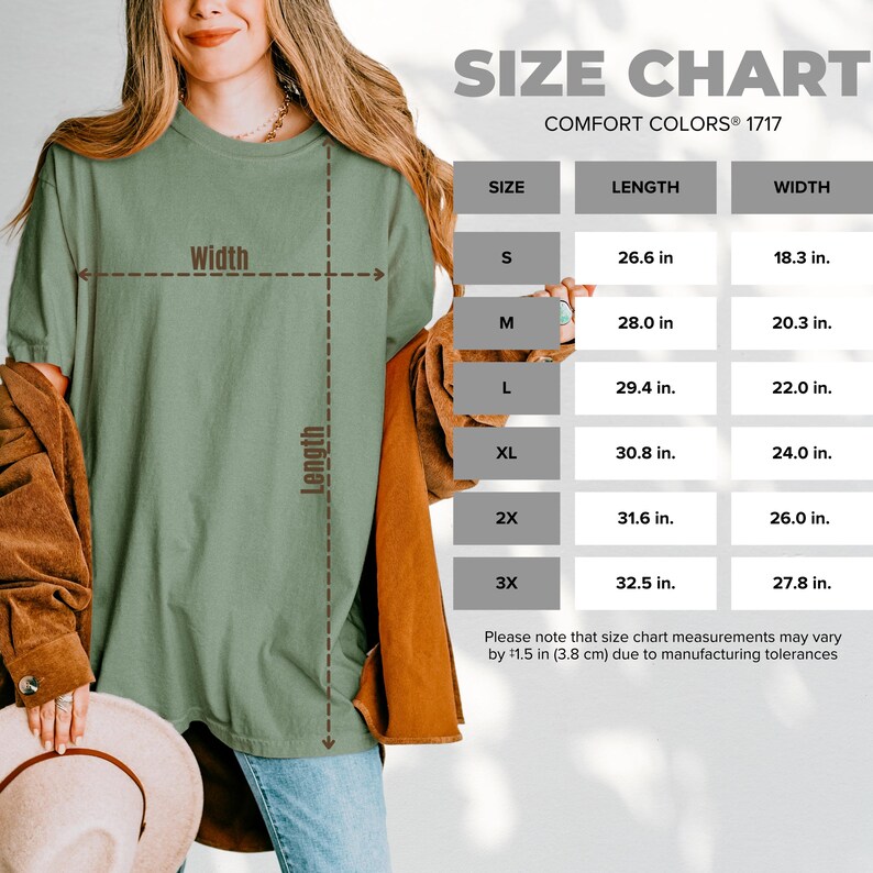 May include: A sage green t-shirt with a size chart. The chart displays measurements for sizes S to 3X, with lengths ranging from 26.6 inches to 32.5 inches and widths from 18.3 inches to 27.8 inches. The text "COMFORT COLORS 1717" is also visible.