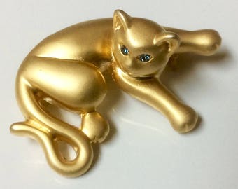 Tiny Vintage Brushed Gold Tone Cat Kitten Brooch Pin Aqua Rhinestone Eyes