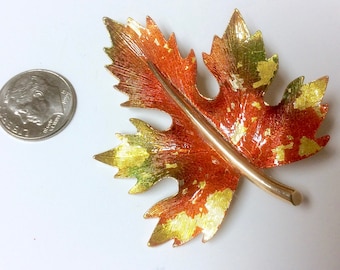 Gorgeous Enamel Signed Hedy Maple Leaf Brooch Pin Fall Colors