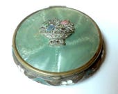 Outstanding Vintage Combination Compact Powder Rouge Puffs Marcasites Enamel Aqua Mother of Pearl WOW