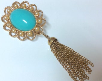 Vintage Magic Moods Tassel Brooch Pin Sarah Coventry Goldtone Metal Faux Turquoise Faux Seed Pearls