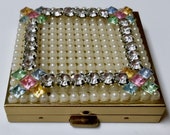 Vintage Powder Compact Jeweled Multi Color Rhinestones Faux Pearls Petite Bling