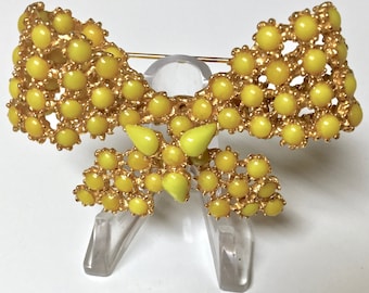 Vintage Signed JEANNE Gold Tone Metal Bow Pin Brooch With Faux Yellow Cabochon Stones