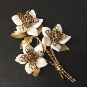 Vintage Corocraft Flower Brooch White Milk Glass Petals Pink Caged Rhinestones