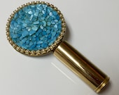 Vintage Fold Up Lipstick Tube and Mirror Turquoise Chips Gold Tone Round