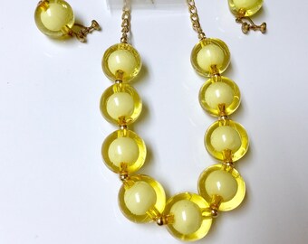 Vintage Yellow Lucite Bead Necklace and Earrings Set