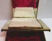 Unusual Vintage Combination Trinket Box and Powder Compact Pearls Red Velvet