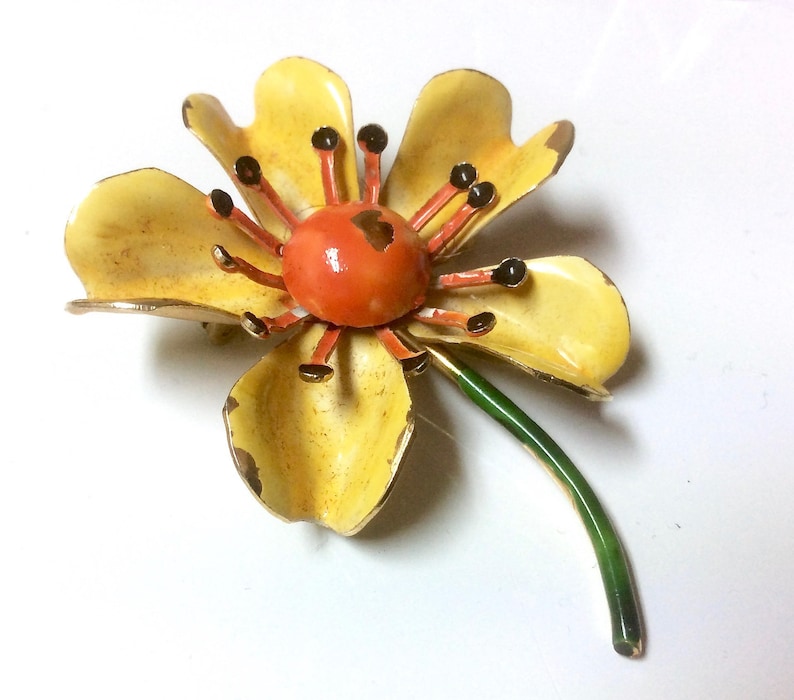 Delightful Vintage Signed ORIGINAL by ROBERT Enamel Flower BroochYellow Orange